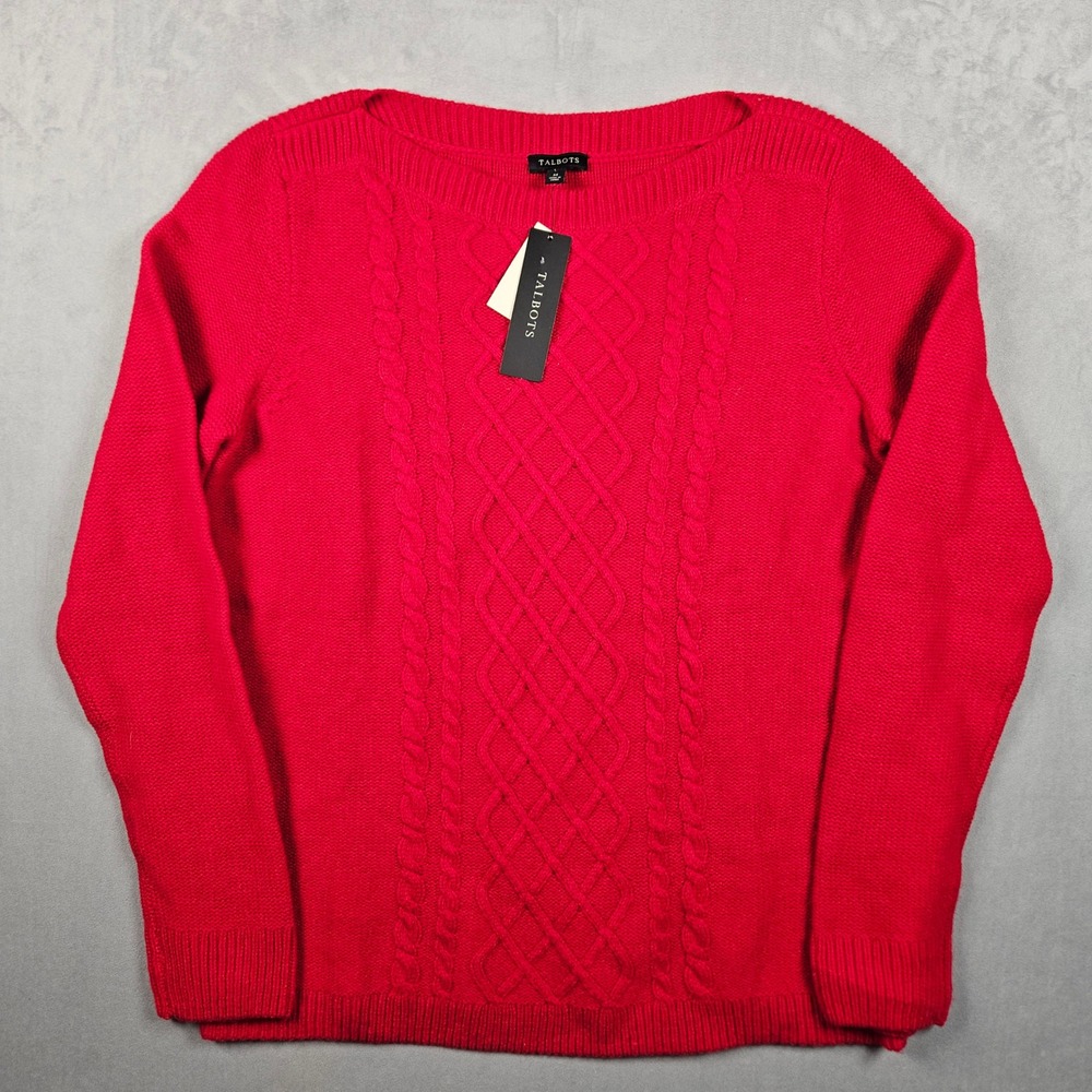 NEW Talbots Sweater Womens Medium Red Cable Knit Merino Wool Cashmere Boat Neck